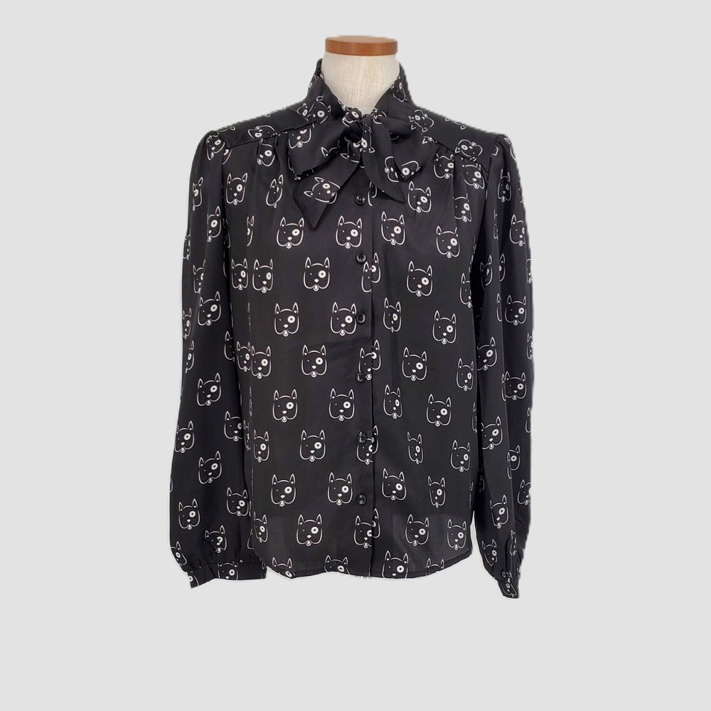 Tulip‎ B Womens XL Black White Dog Print Tie Neck Bow Blouse Lightweight EBJT248
